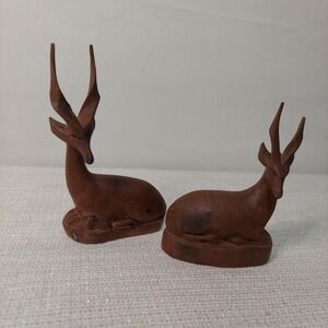 Vintage Hand Carved Wood Gazelle Antelope Figurine Pair Mid Century Modern Decor